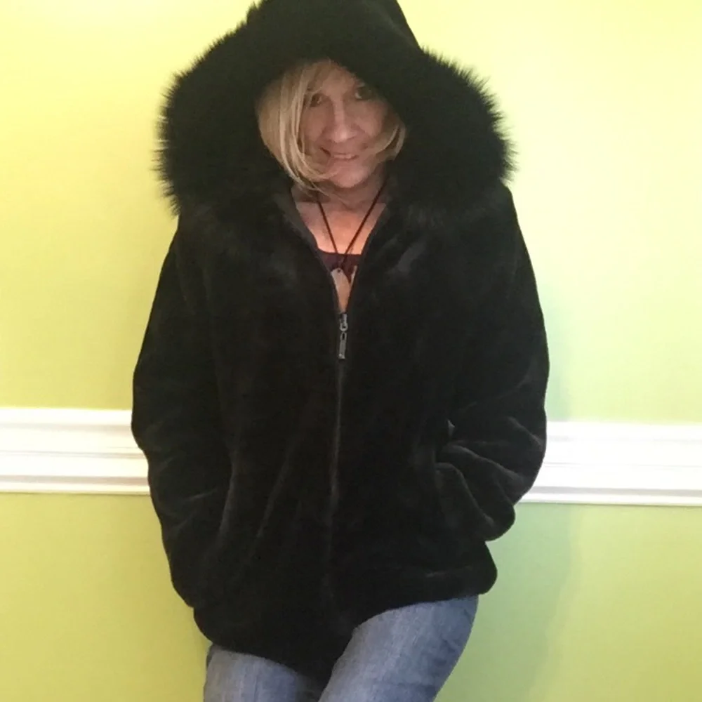Calvin Klein Faux Fur Reversible Coat with Fox Trimmed Hood